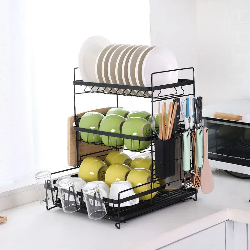 3-Tier Dish Drying Rack With Kitchen Utensil Drainer Plate Rack Kitchen Organizer
