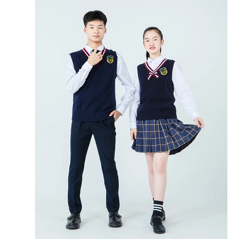OEM  Beautiful Girls High School Uniform Custom Korean Dress Plaid Skirts Pants Sweater Suit Kids Uniform