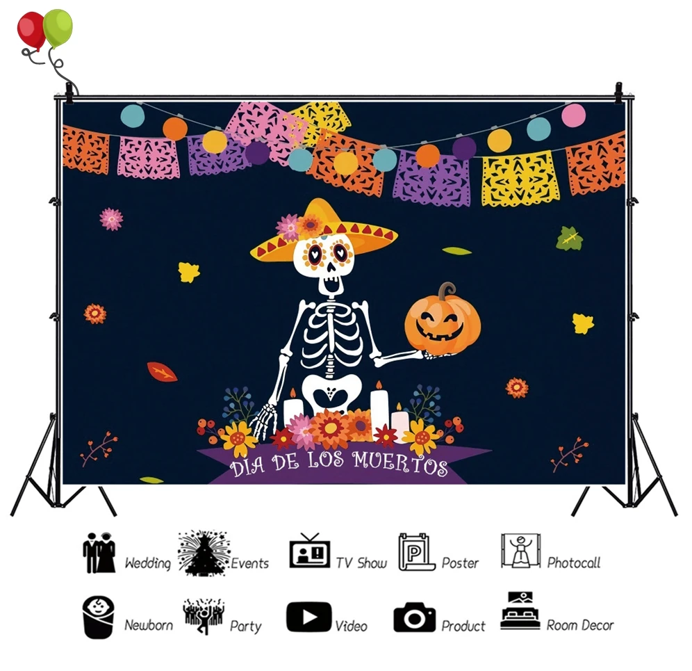 Day of The Dead Backdrop Mexican Fiesta Sugar Flowers Photography Background Fiesta Banner Decoration Photo Booth Studio KD930