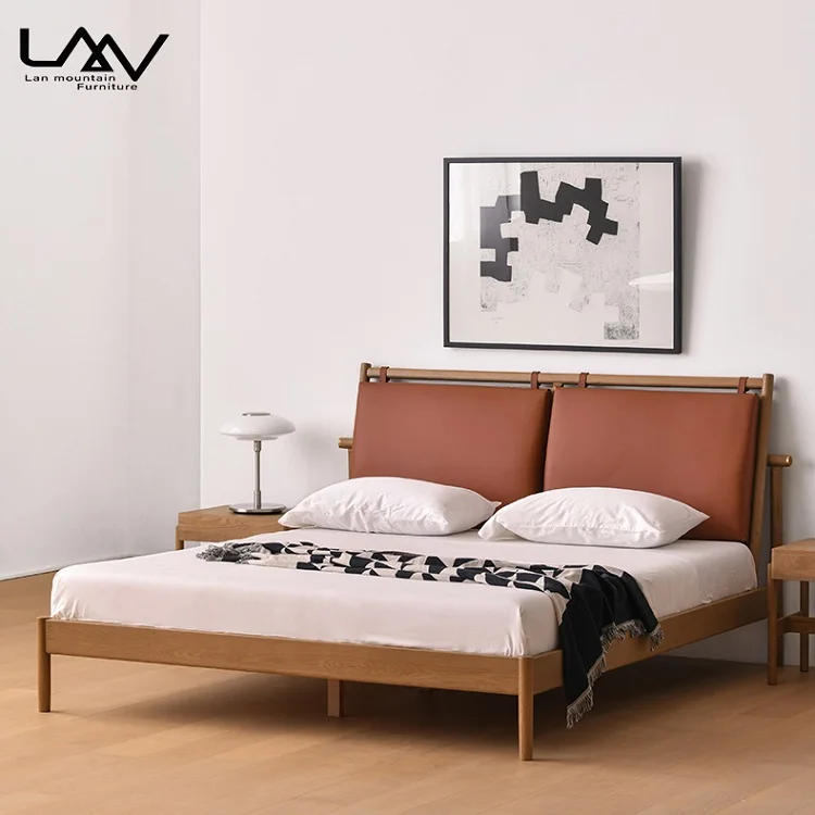 Nordic style Modern Simple solid wood 1.8 m double bed bedroom upholstered backrest leather bed furniture
