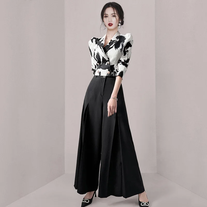 Droma America and European style clothing elegant suits slim print suit jacket high waist fashion wide leg trouser suit