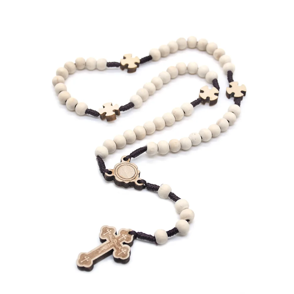 Hot Selling Handmade  Wood Cross Catholic Rosary Necklace Wooden  Rosary Necklace Mens Cross Religious Jewelry