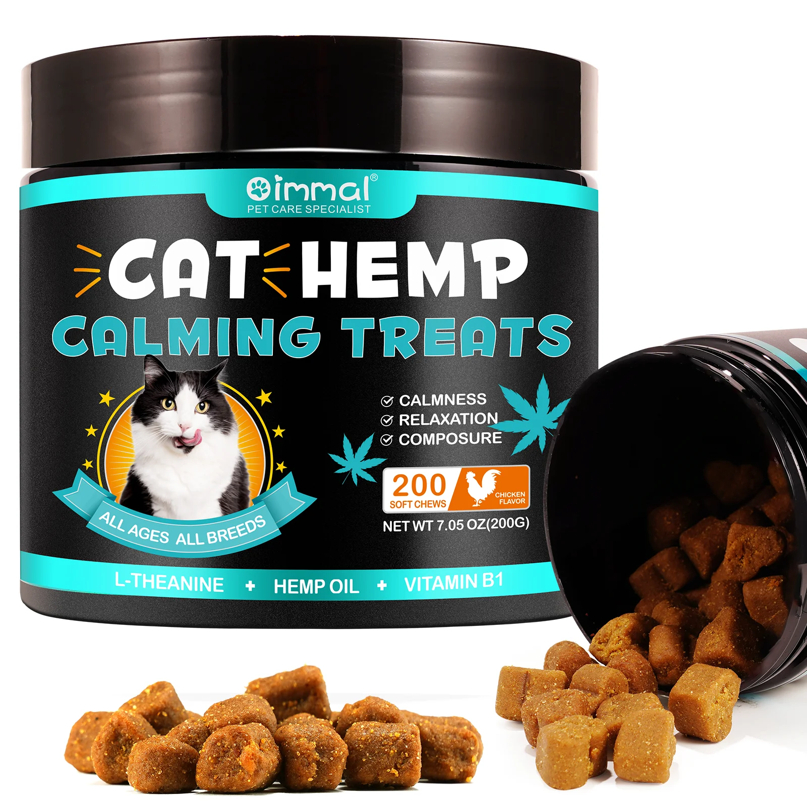 Wholesale Natural Pet Food 200 Soft Chews Chicken Flavor Hemp Calming Treats for Cats Calmness Promotes Relaxation