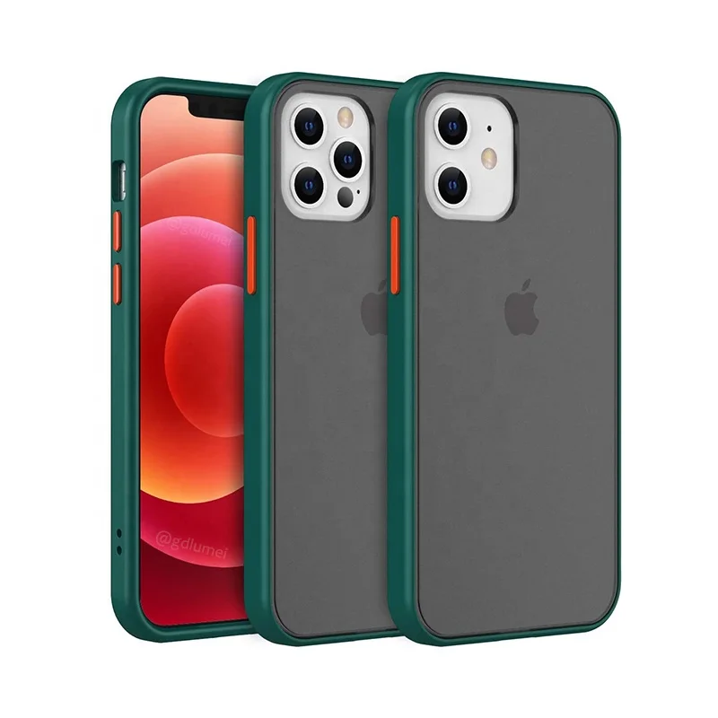 Translucent Matte PC Back Hybrid TPU Phone Case for iPhone 12 Pro Colored Buttons