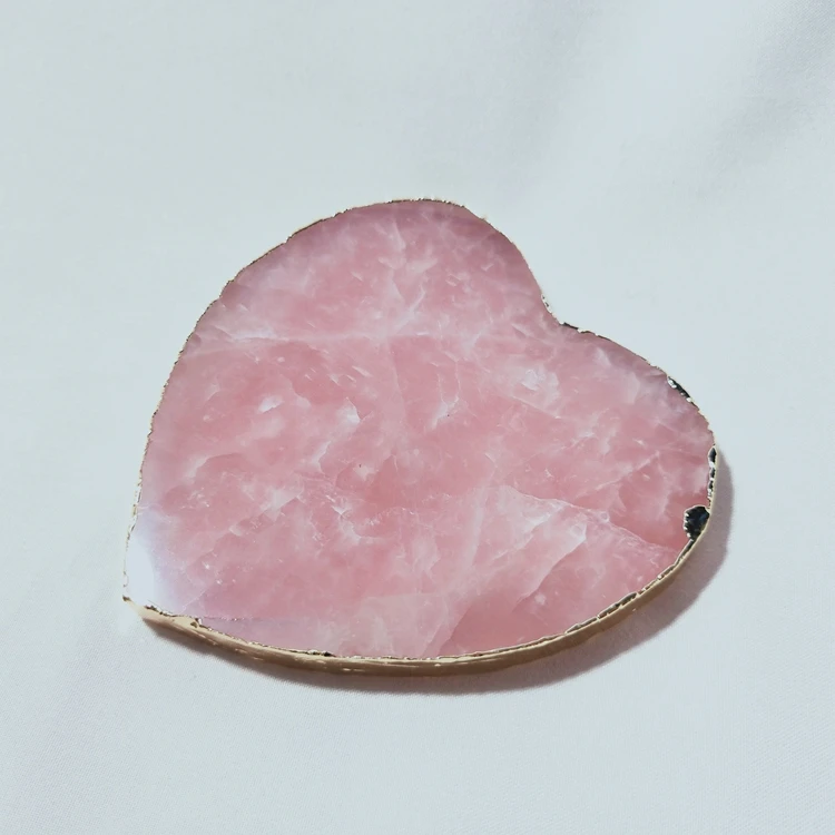 HY Rose Quartz Coaster Gold Electro Plating Square Stone Coaster 3' Drink Ware Wine Glass Pad semi-precious stone crafts