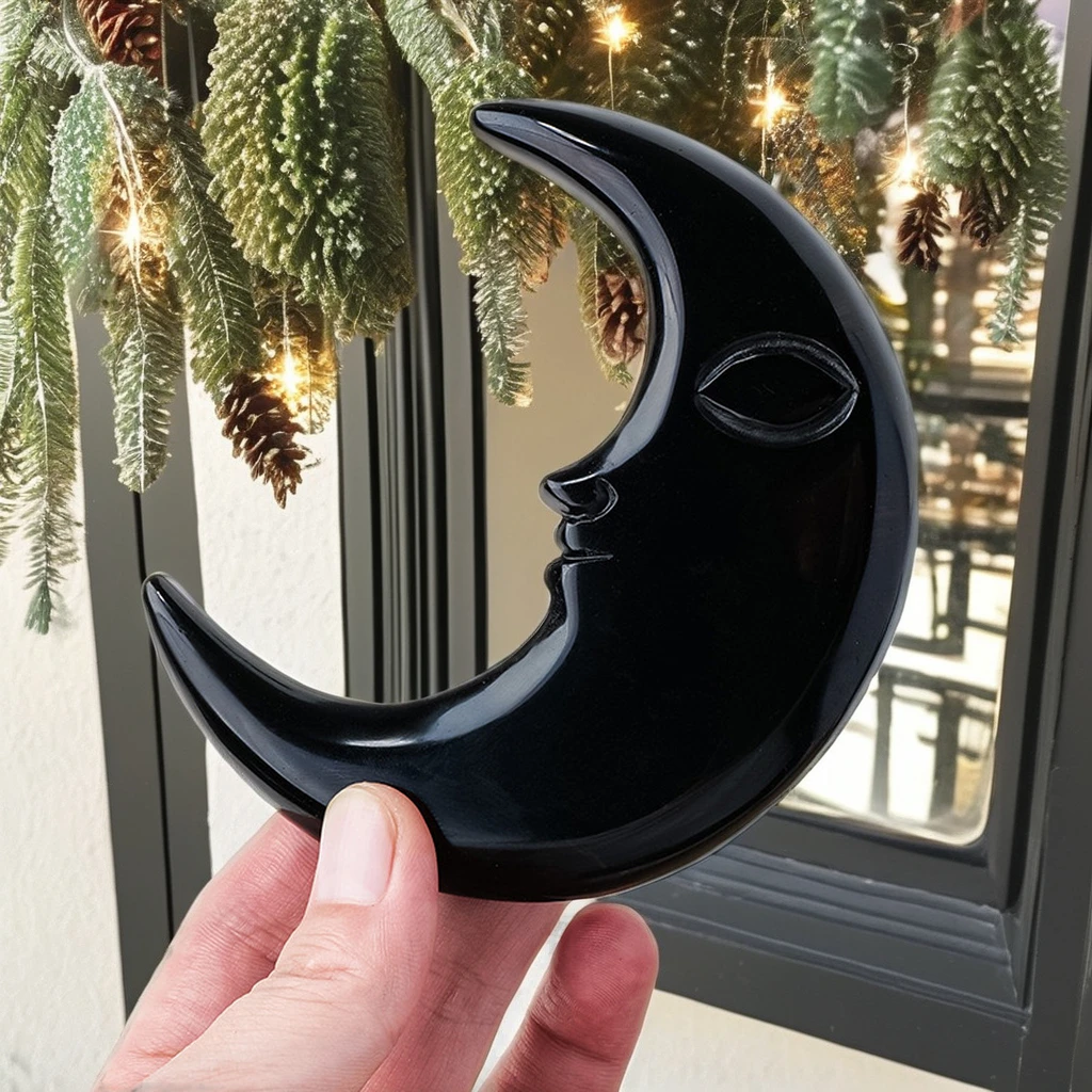 Carved Crescent Moon Black Obsidian Green Aventurine Unique Animal Theme Home Decoration Gift/Souvenir Made of Crystal