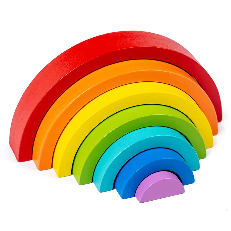 Hot selling wooden rainbow stacker Wooden stack rainbow color Nordic stack toy Green building blocks