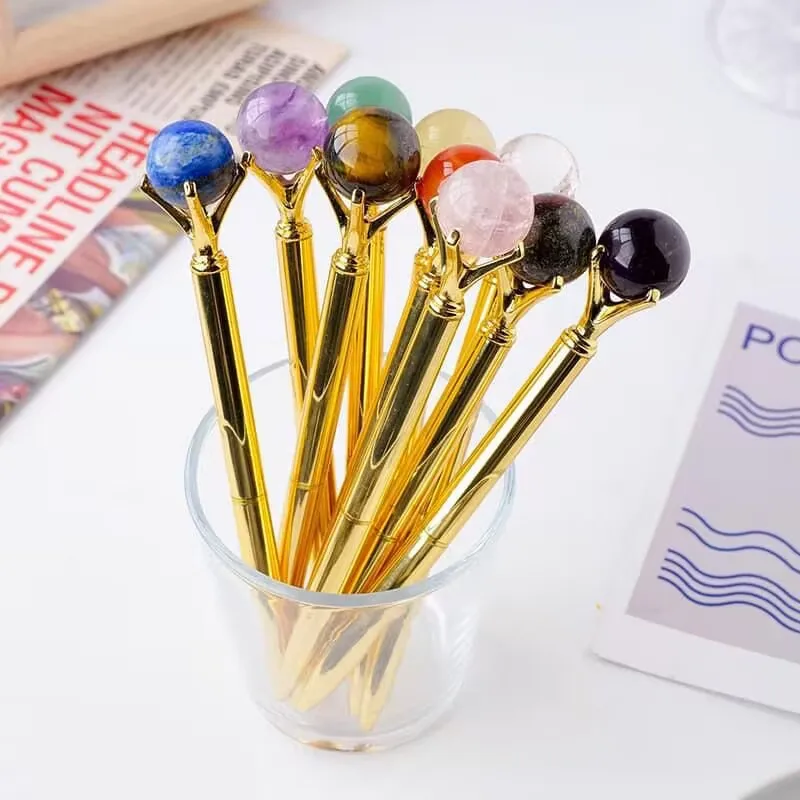 Natural Crystal Sphere Stone Crystal Ball Decorate Black Ballpoint Pens Writing Ballpen Stationery Office School Supplies