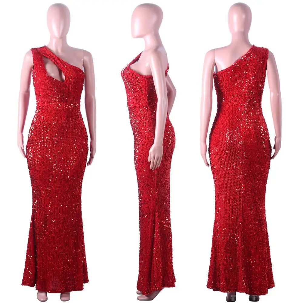 MOQ 1PC FC-Q190  Factory Wholesale Lady One shoulder Bodycon Party sexy Sequins Long Evening Red Wedding Dresses