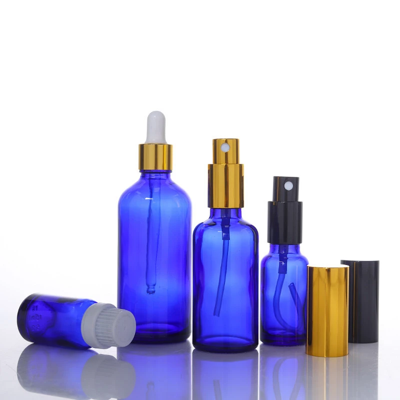 Wholesale cosmetic dropper spray pump glass bottle 5ml 10ml 15ml 20ml 30ml blue color essential oil bottle