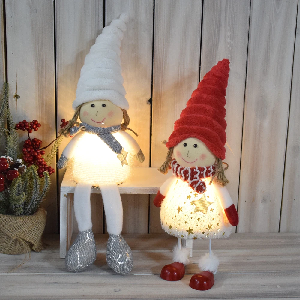 Newest 2024 Xmas Light Up Ornaments Holiday Natal Decor Lovely Plush White Animated Christmas Dolls with LED Light