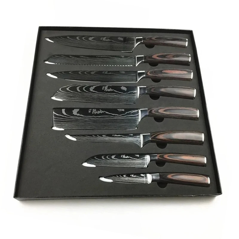 Wholesale price 9pcs sharp wooden stainless steel santoku chef modern knives kitchen knife set