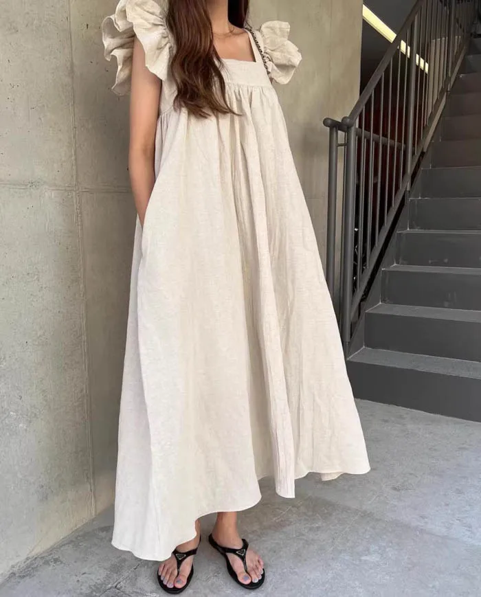 L6760  New 2024 Korean Fashion Solid Color Sweet Fly Sleeve Square Neck Casual Dress Women Clothing 5