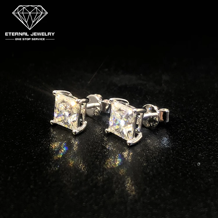 Women Ladies Luxury Real S925 Silver 10k 14k Gold 1ct D VVS Princess Moissanite Diamond Ear Studs Earrings with Certificate