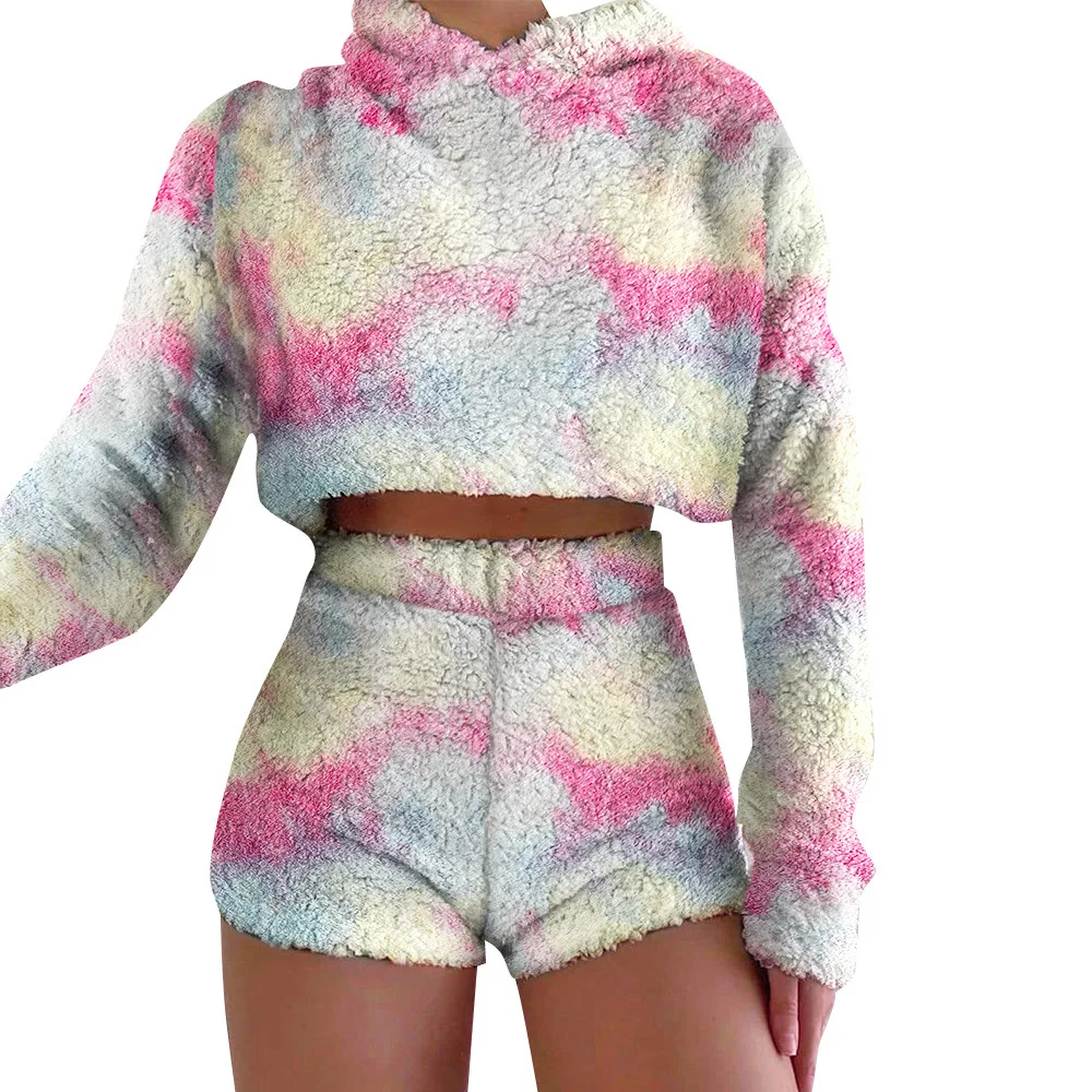Fall Winter Warm Thick Lounge Wear Long Sleeve Plush Fuzzy Tie Dye Leopard Print Hooded Shorts Long Sleeve Velvet Two Piece Set