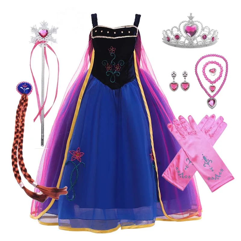 Girl Cosplay Snow Queen Princess Costume Anna Dress Costume With Crown Wand Glove Accessories HCGD-010