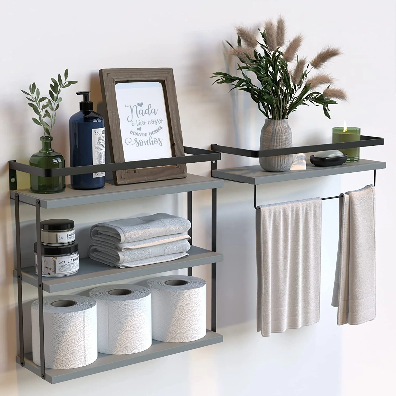 ODM Multifunction 3+1 Tier Rustic Wood Wall Shelf With Metal Frame Wall Mount Shelf Floating for Living room, Kitchen, Bedroom