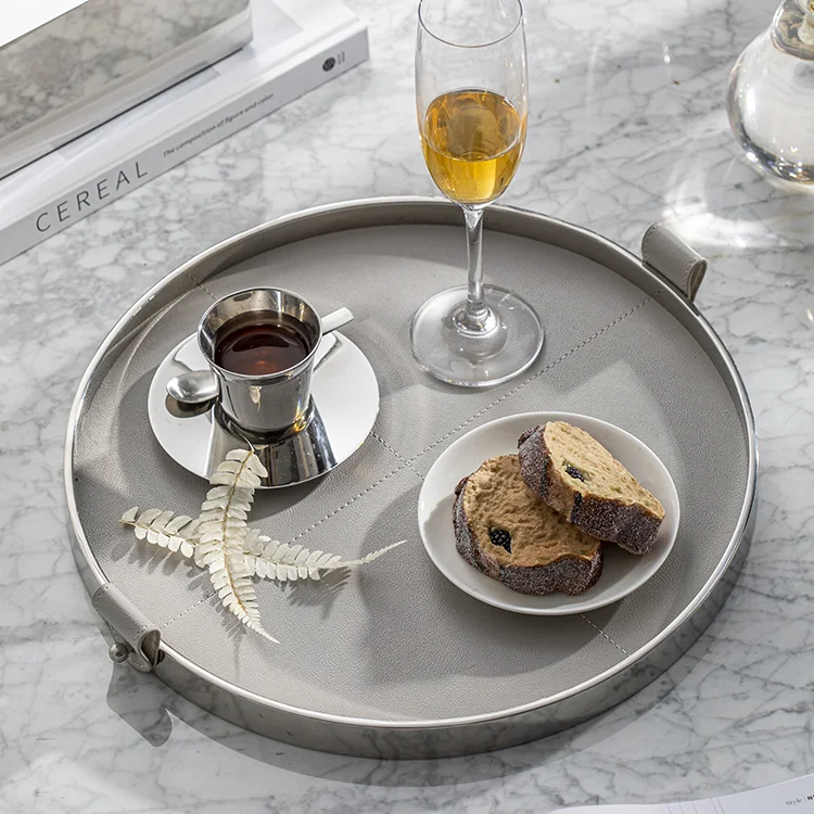 Hotel service tray custom modern light luxury stainless steel leather round tray