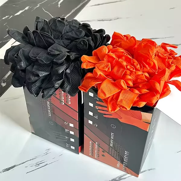 Heavy duty mechanical gloves 10 mil oem custom box orange nitrile glove diamond texture powder free black nitrile gloves