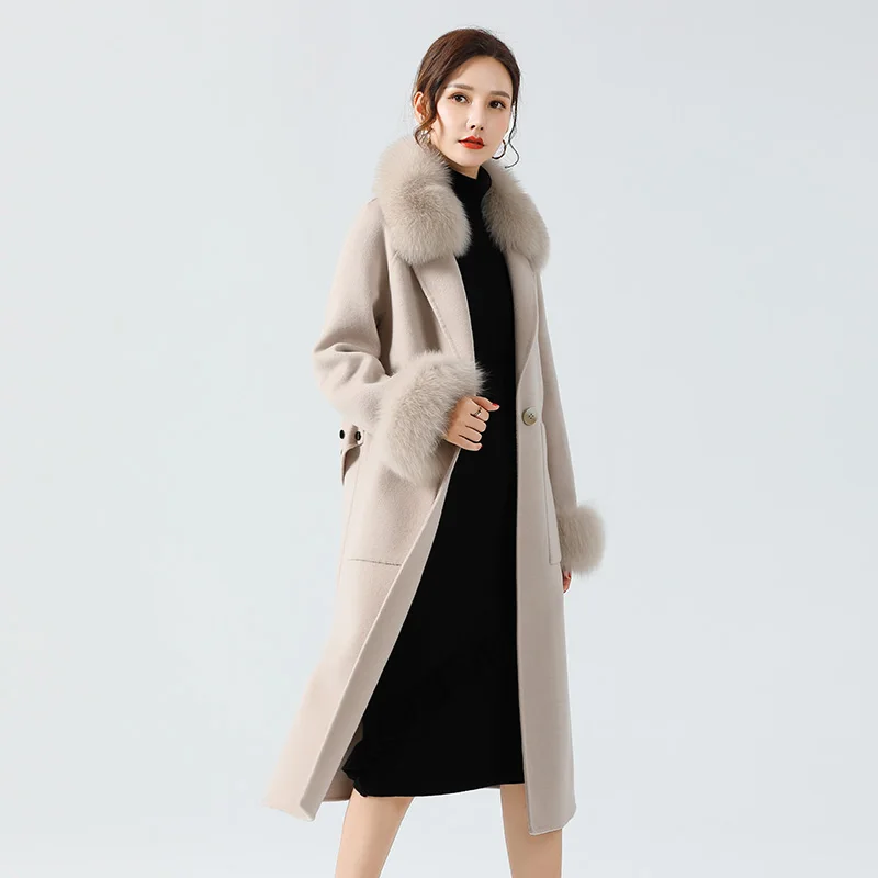 
GUNV Luxury Women Fur Bomber Coat Real Raccoon Fur New Fashion Winter Pashmina Cashmere Warm Lady Woolen Long Trench Wool Lining 