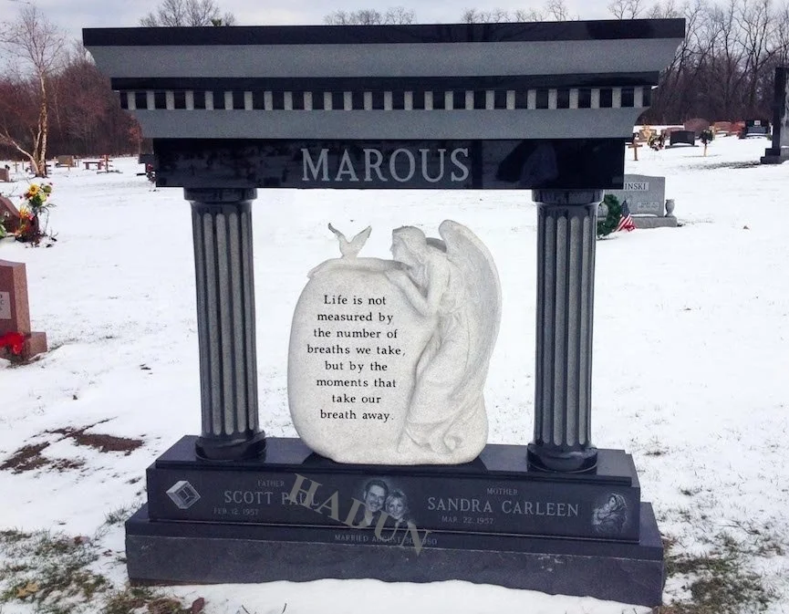 Chinese Cemetery Grey Black Granite Stone Monuments New Design Tombstone With Roman Column Carving Angel Statue