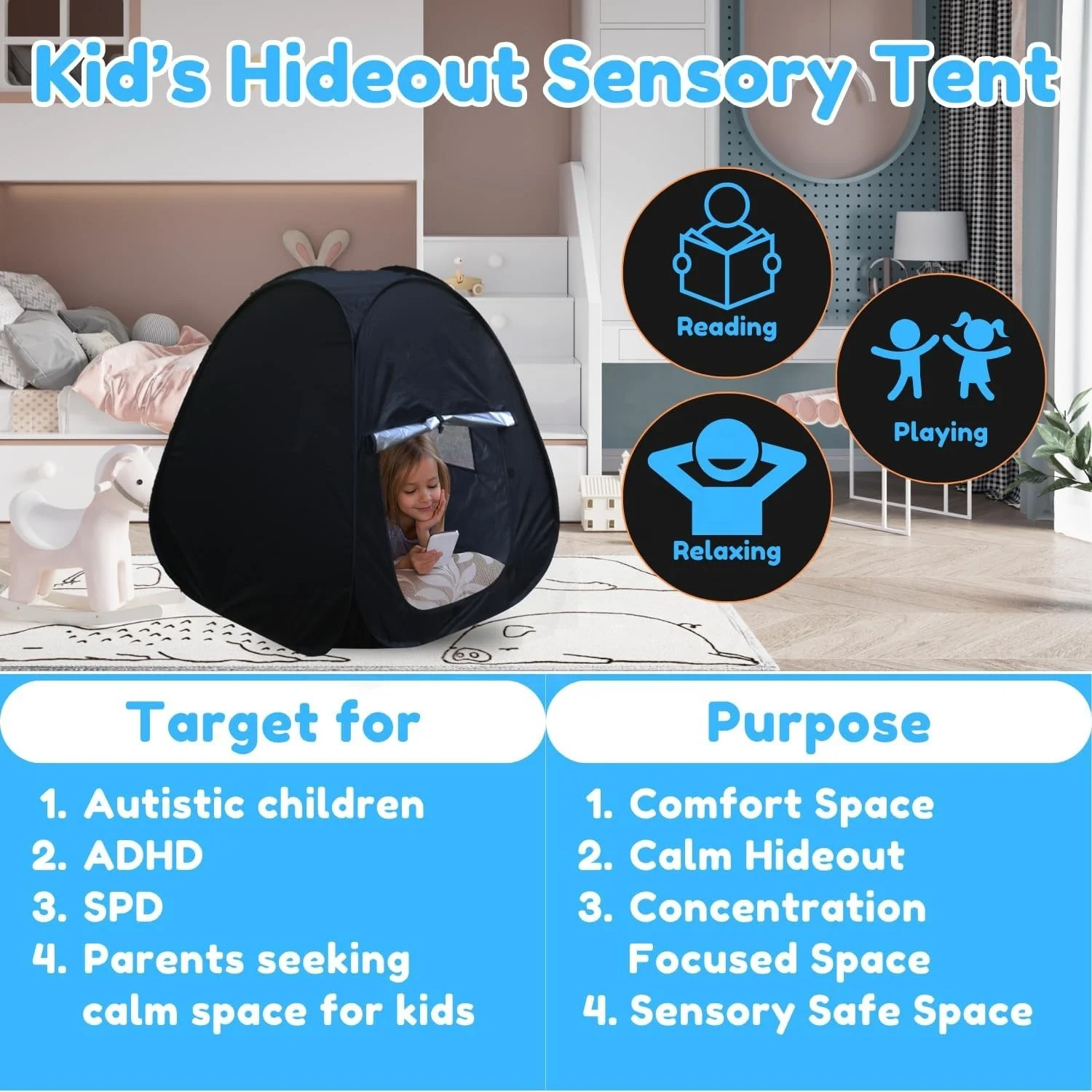 Sensory Calming Occupational Therapy Pop up Black Out Mini Tent for ADHD Kids Children
