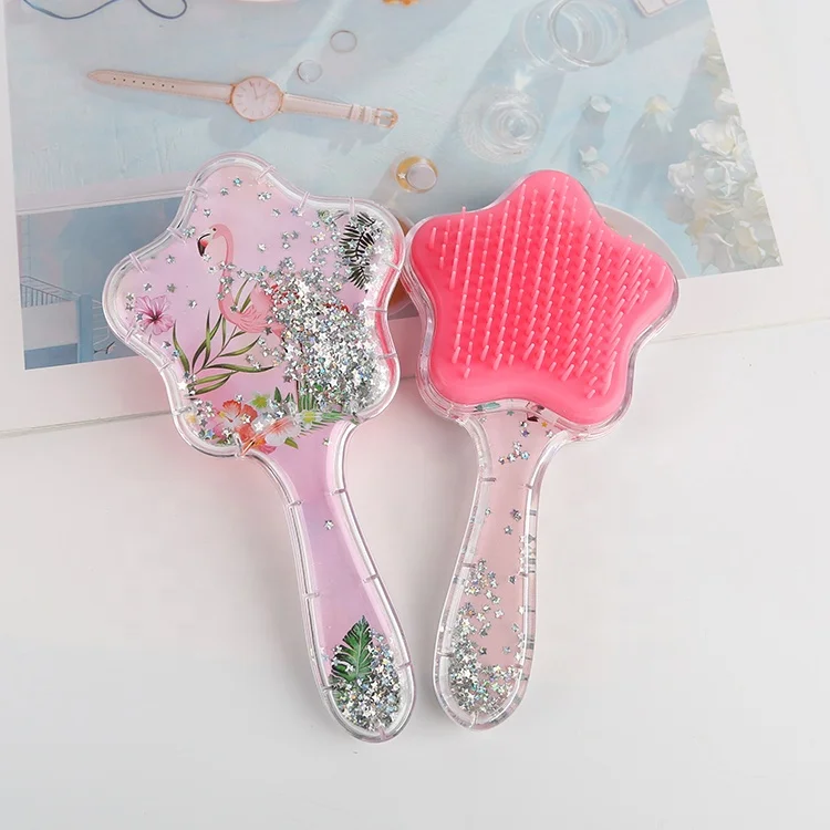 Manufacturer Star Shape Anti-Static Plastic Detangling Massage Hairbrush Children Cute Glitter Hair Brush with Sequins Quicksand