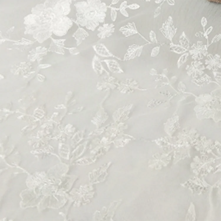 Wholesale luxury white  embroidery  mesh lace  fabric for fashion wedding dress