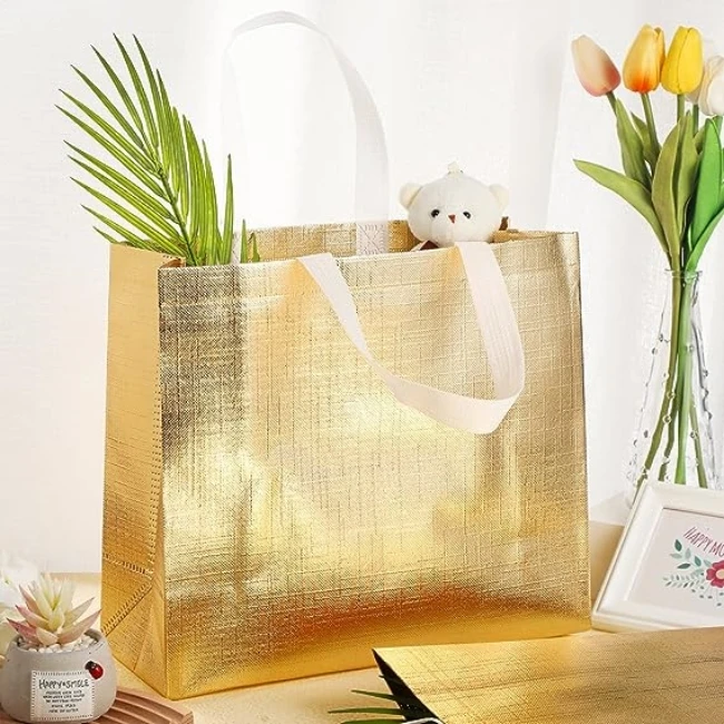 Fashion Metal Glossy Shopping Bag Holiday Party Gift Bag Foldable Environmental Protection PP Laminated Non Woven Bag