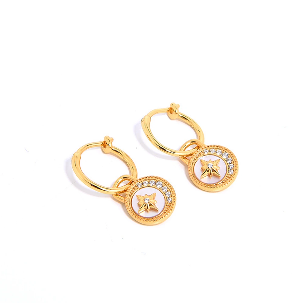 925 Sterling Silver 18K Gold Plated Fashion Jewelry Black Onyx Stone Green Malachite White Shell Gemstone Moon Star Earrings