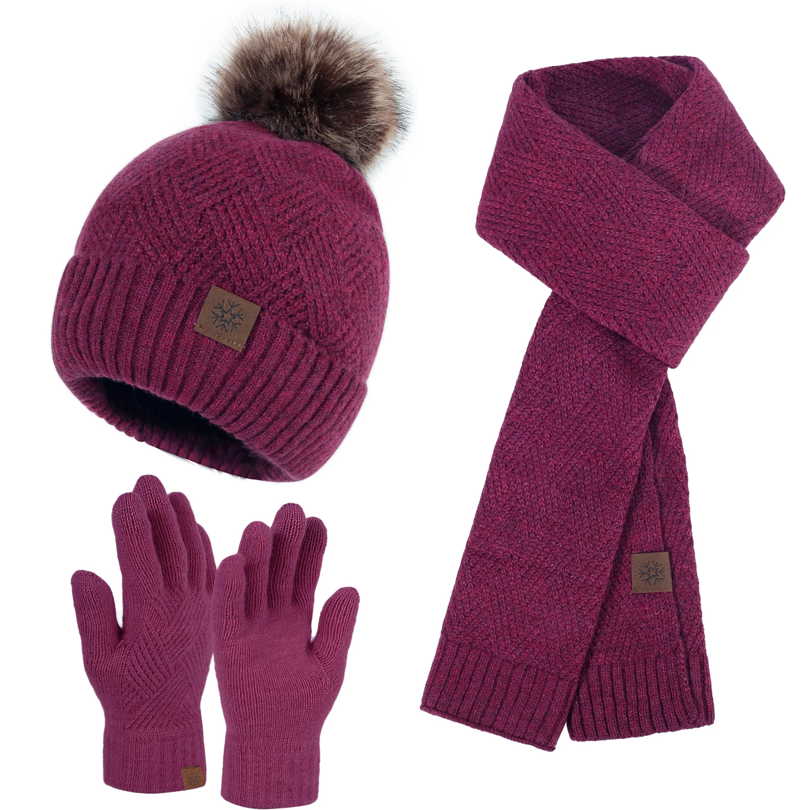 Wholesale unisex adult and kid winter knitted hat set custom label pom pom beanie hat scarf and gloves set