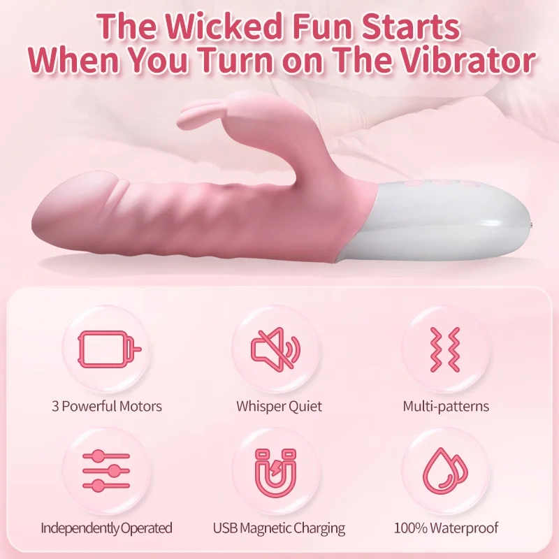 3 motors g spot thrusting rabbit vibrator, soft silicone telescopic vibrator for women clitoral stimulator