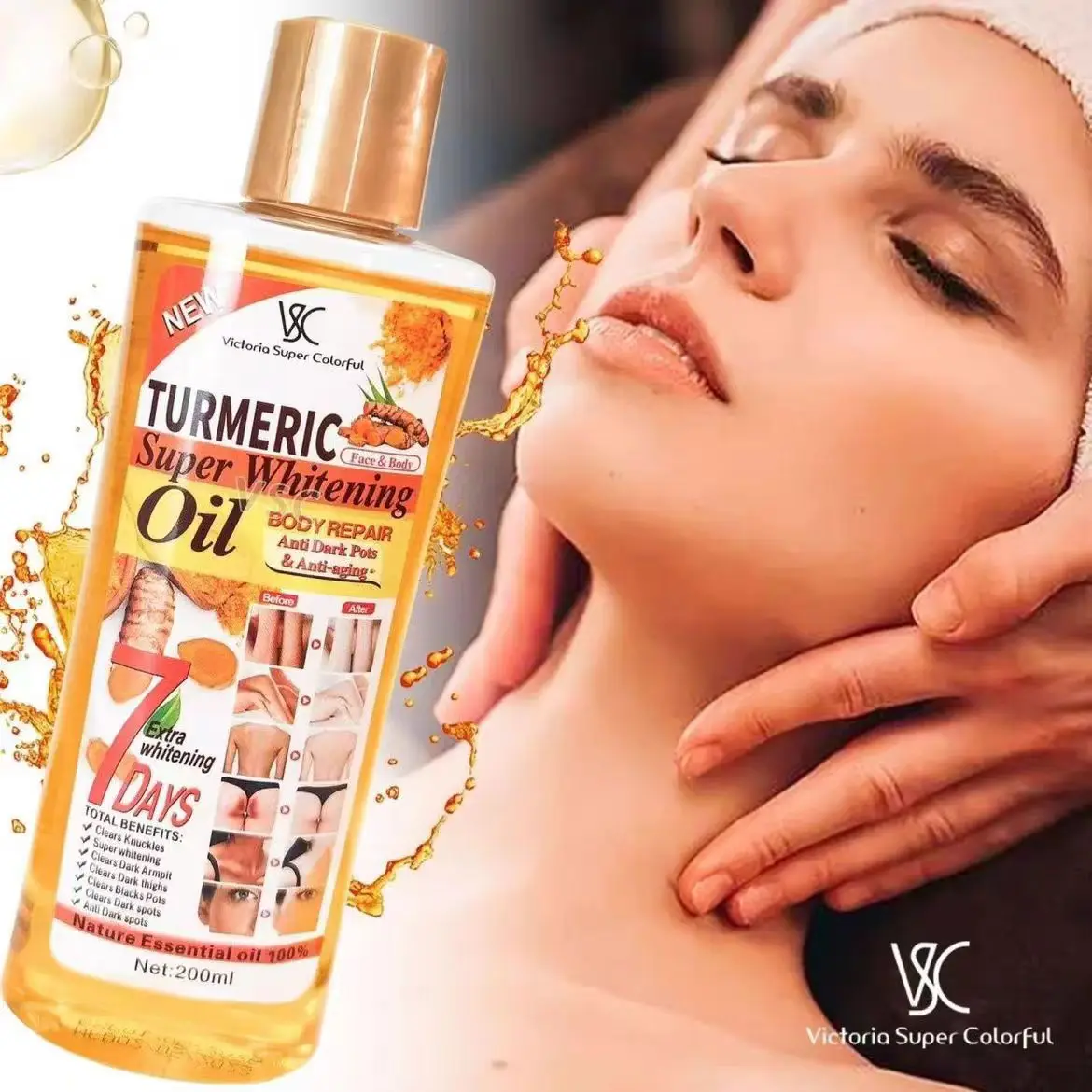 Self owned brand 7-day turmeric super whitening and moisturizing skincare body massage oil anti-aging massage spa
