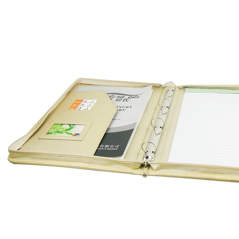 ModernQiu Custom A4 PU Leather Business Zipper Portfolio 4 Binder Presentation  Padfolio Folder for Document Use