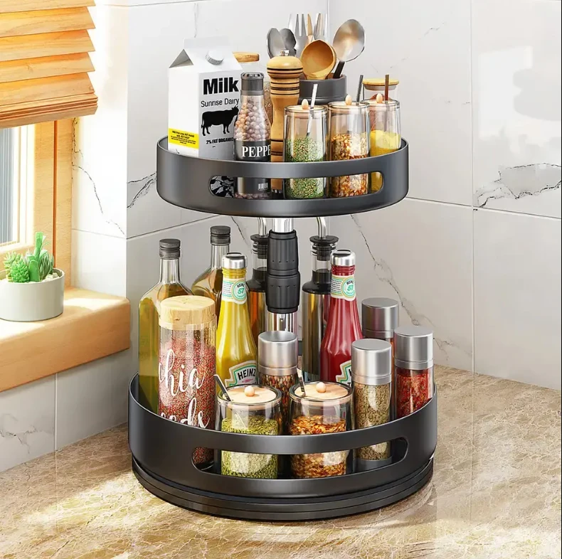 2-Tier Adjustable Metal Steel Lazy Susan Turntable for Kitchen Storage Pantry Cabinet Cupboard Spice Racks Organizer OEM Design