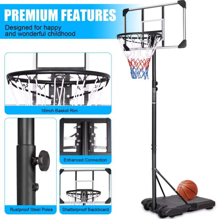 2024 Hot Sale Cheap Basketball Hoop Stand Free Standing Height Adjustable Kids Outdoor Usage Steel Court Equipment