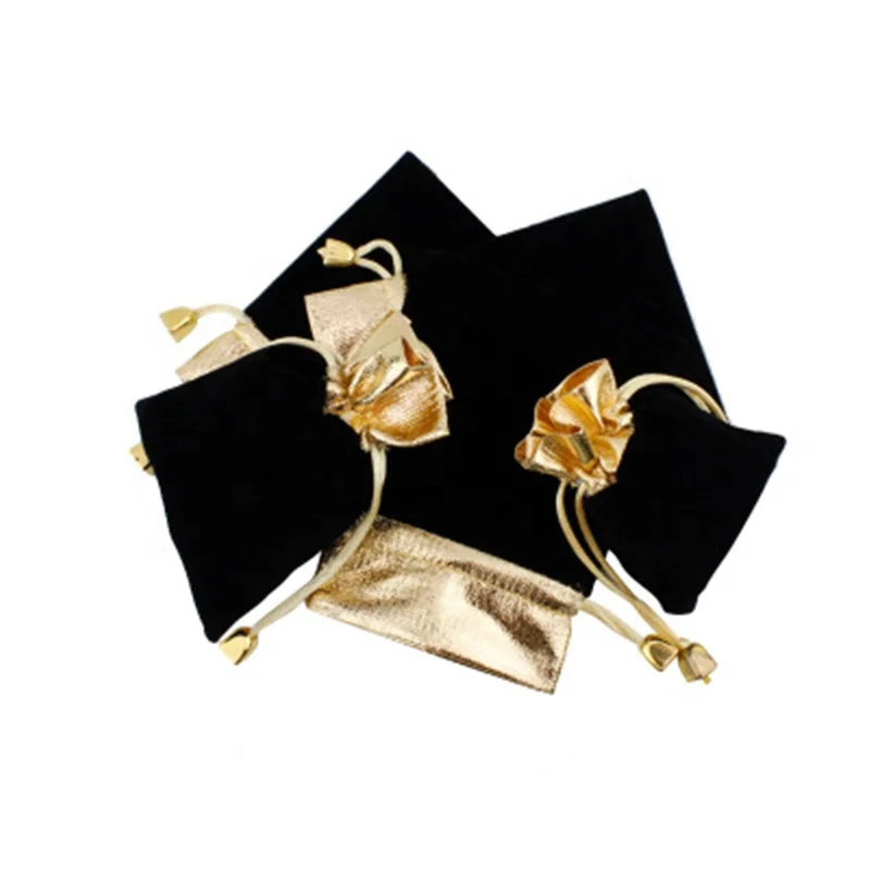 
50pcs/Lot Black Velvet Pouches Lint Bag Jewelry Pouches Golden Top Drawstring Velvet Bag 