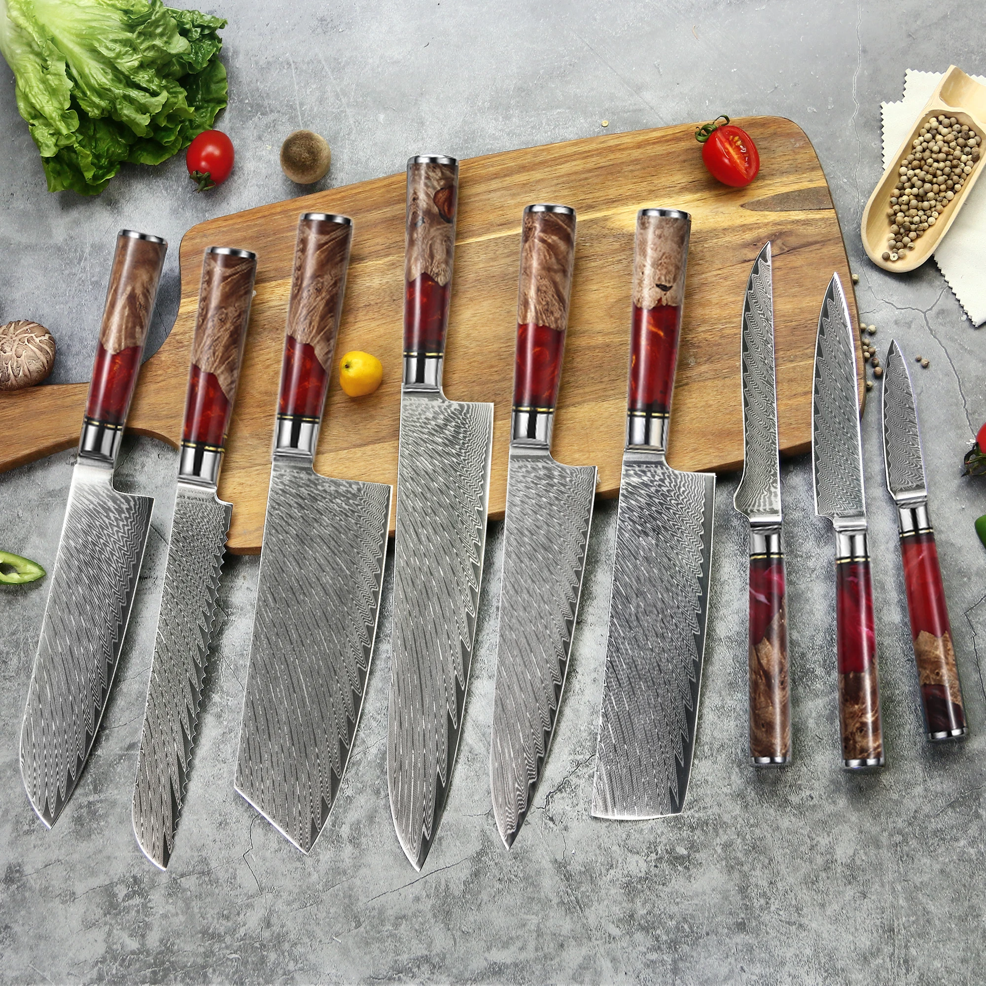 9 pcs 67 layers damascus steel kitchen knife set with Resin with Stabilized Wood Handle