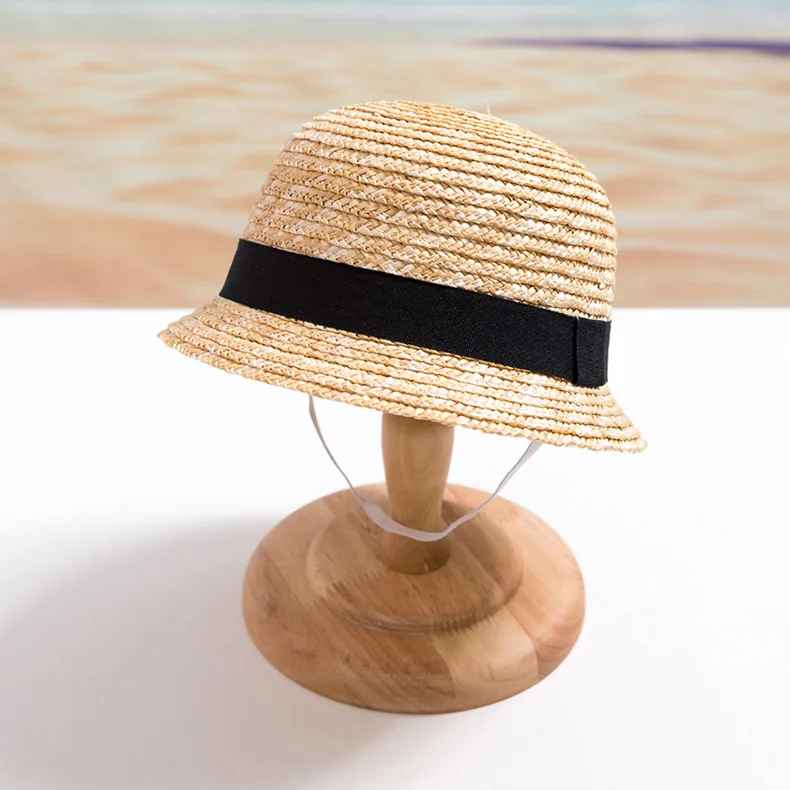 Wholesale Children Summer Straw Hats & Caps 48cm & 50cm with Chain Strap CASQUETTE Round Top Wheat,straw Beach Holiday Natural