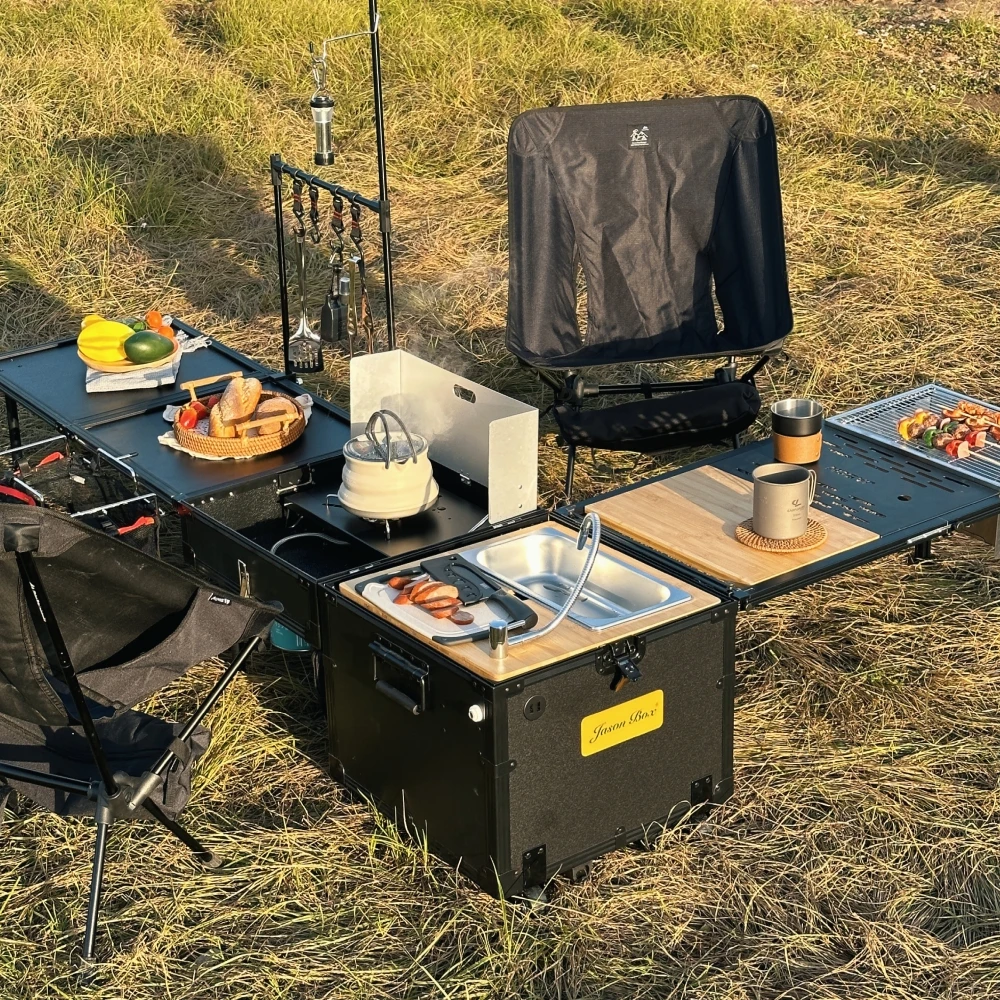 Jason Camping Standard Edition Aluminum Folding Portable Picnic Table Multi-Functional Outdoor Mobile Kitchen Box go together