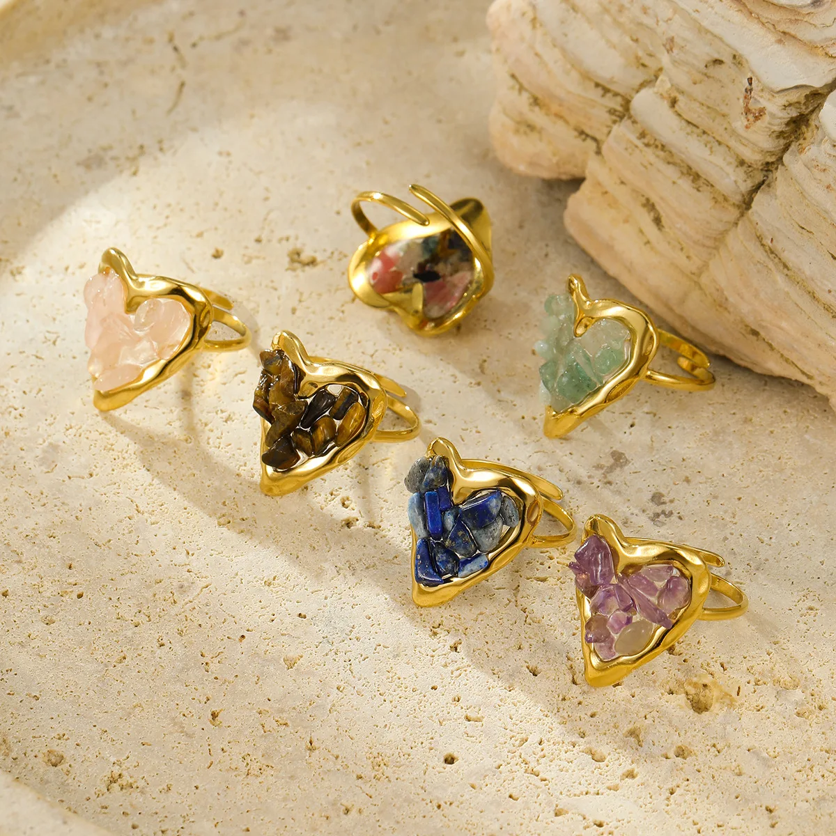 Women Rough Amethyst Rose Quartz Rings Wholesale Natural Crystal Jewelry Adjustable 18K Gold Plated Love Heart Stone Rings