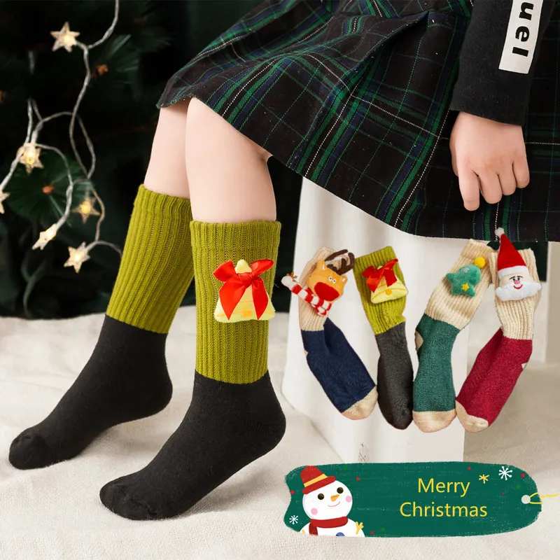 Jingwen OEM Calcetines Navidenos Winter Terry Christmas Baby Socks With Ribbons