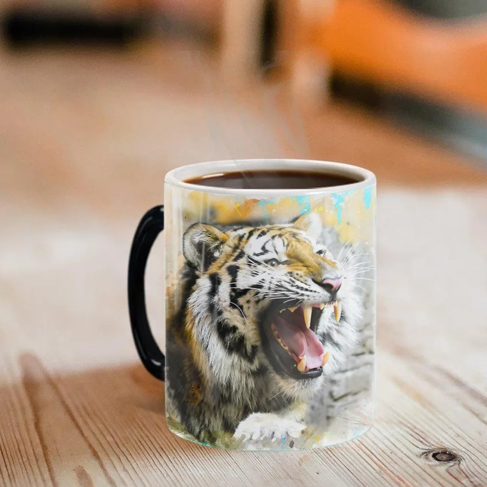 Sublimation Wholesale custom ceramic stoneware 3D tiger lion leopard animal personalized cup color changing ceramic coffee mug