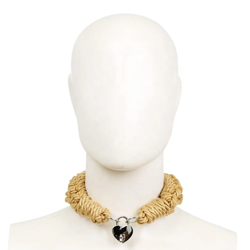 Handmade Japanese Style BDSM Hemp Cotton Rope Kinbaku Bondage Restraints Gear Collar with Heart Lock