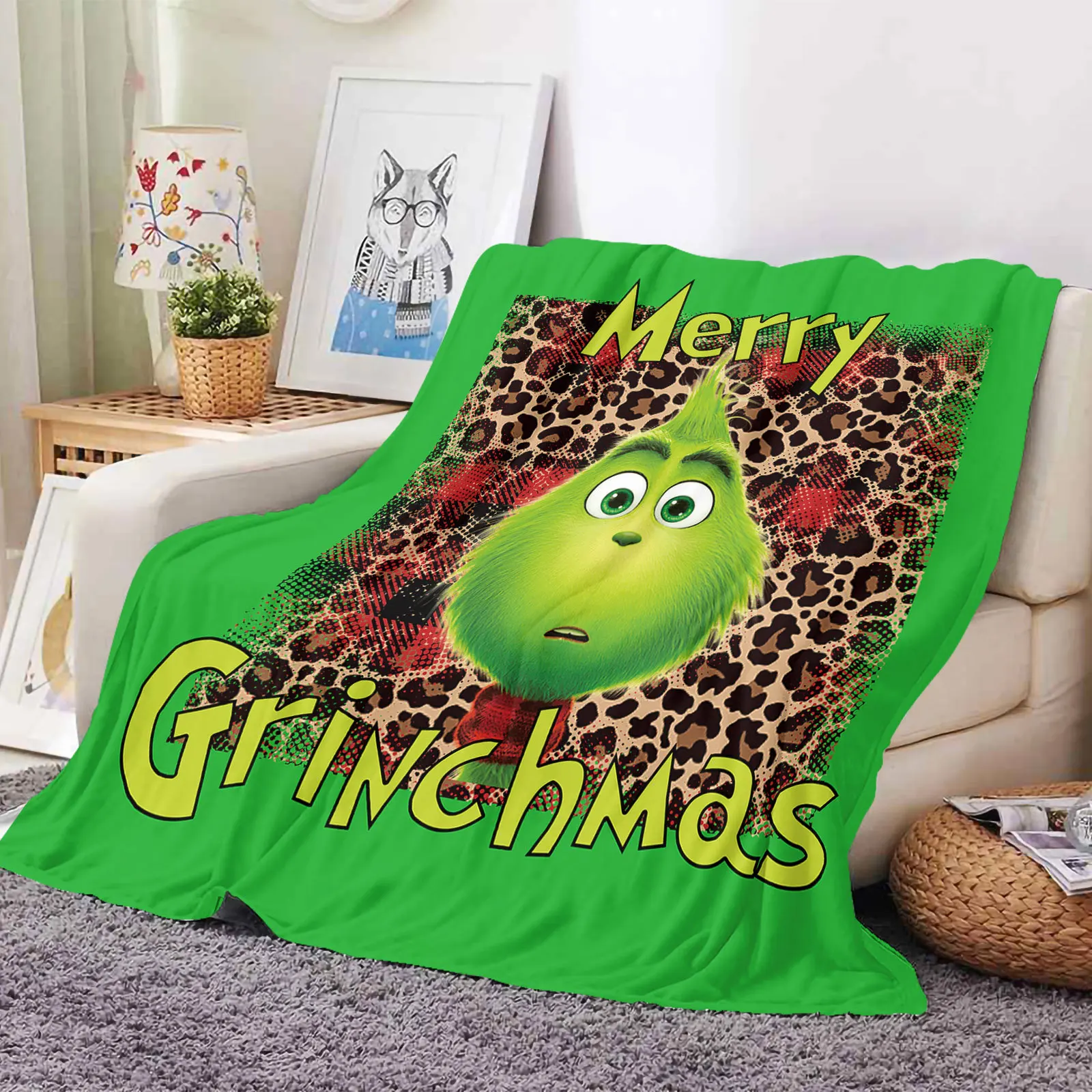 Custom printed soft warm thick baby lamb velvet green fur strange ruffled flannel fleece throw blanket