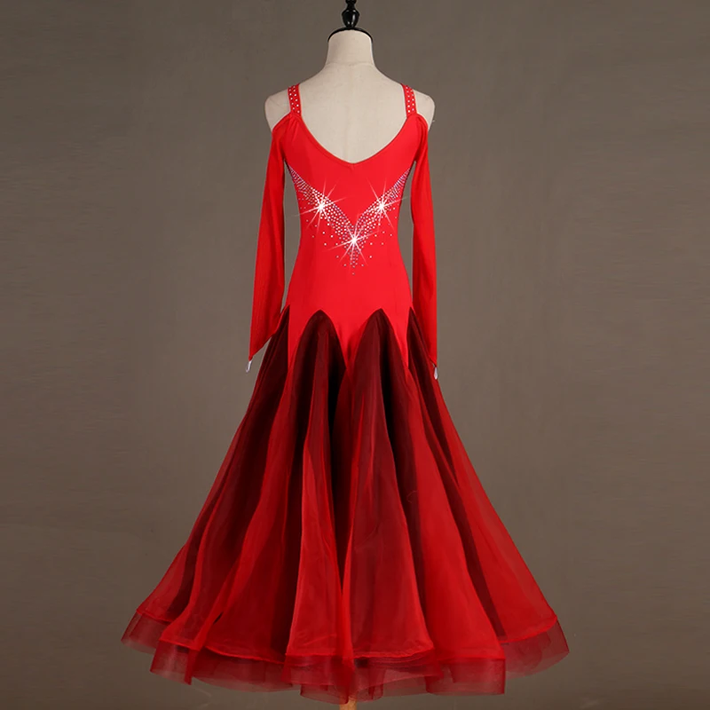Professional modern dance red flowers competition dress ballroom dance group performance suit waltz tango skirts