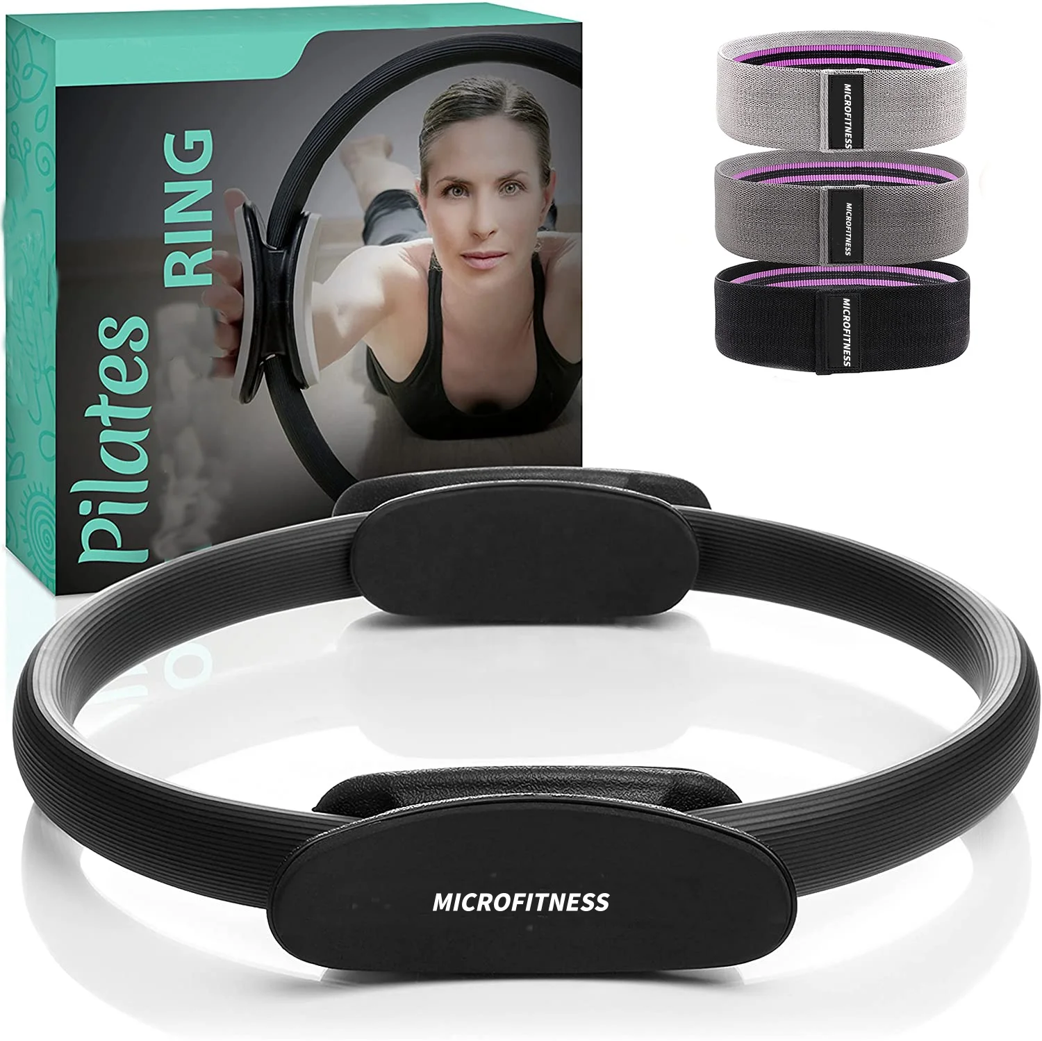 Pilates Ring and 3 Hip Bands Elastic Resistance Bands for Home Pilates Ring Diameter 38cm;hip Bands Length 17 Inch,width3inch