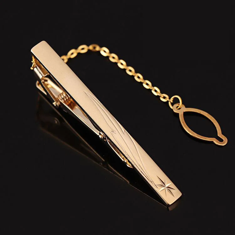 High Quality OEM Competitive Price Gold Plated Tie Clips With Chain Wedding Tie Bars Stainless Steel Tie Clips for Men