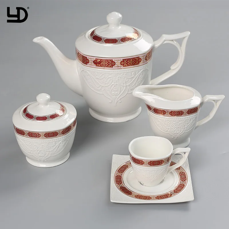 Cheap Ceramic Arabic Coffee Set Royal White Porcelain Tea Pot And Cups Saucer Sets