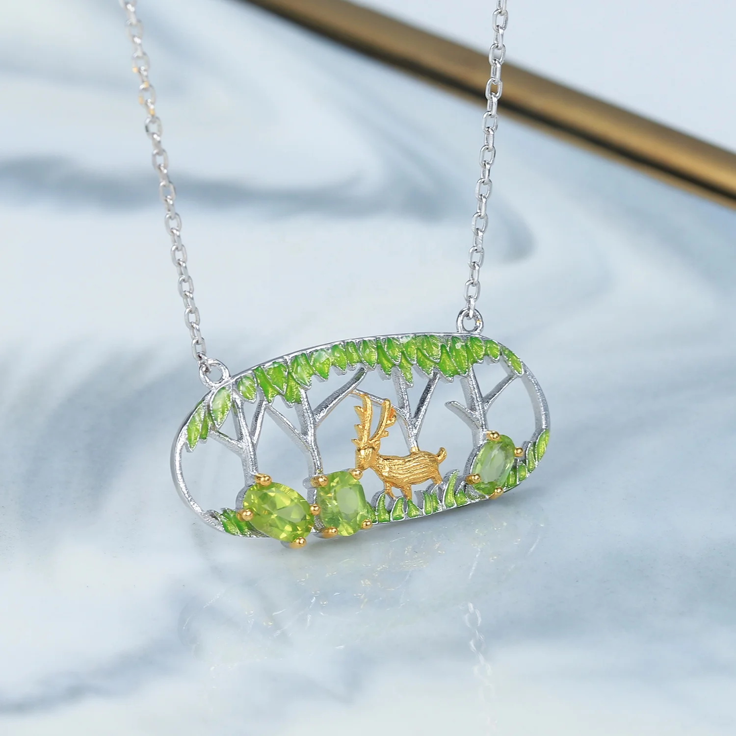C8186 Abiding Cute Jewelry Set 925 Silver Natural Peridot Animal Deer Charm Pendant For Jewelry Making